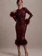 Afterglow | Port Sequin Long-Sleeve Midi Dress With Feather Trims - thumbnail 4