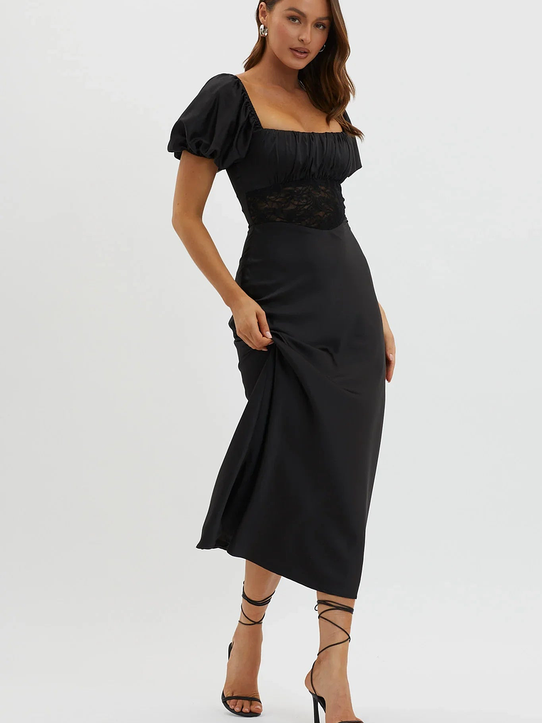 Allianna Puff Sleeve Lace Waist Midi Dress Black 1