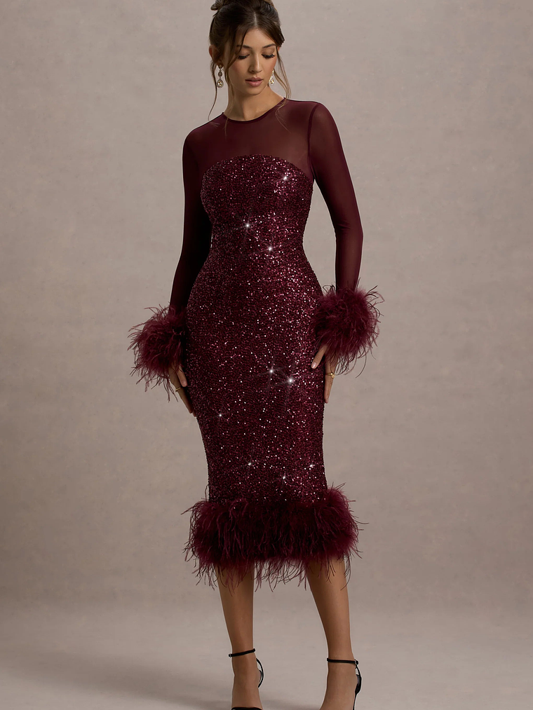Afterglow | Port Sequin Long-Sleeve Midi Dress With Feather Trims 5