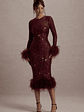 Afterglow | Port Sequin Long-Sleeve Midi Dress With Feather Trims - thumbnail 5