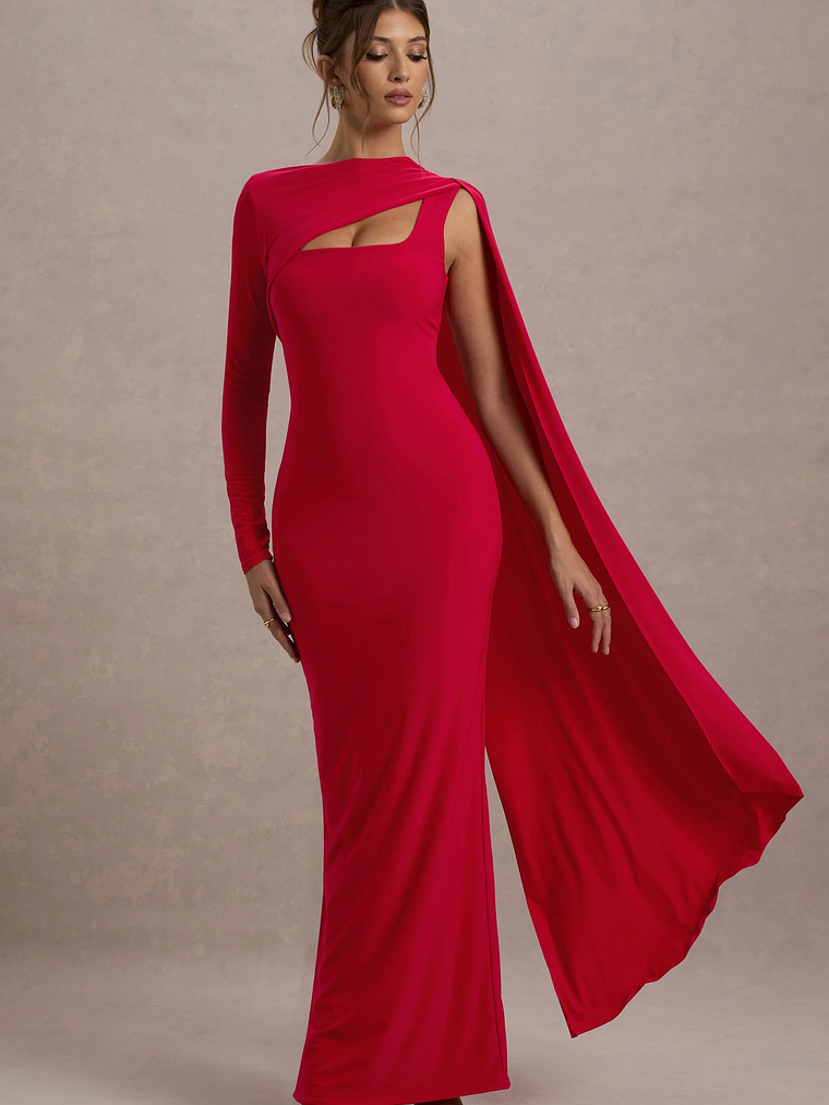 Ashini | Red One-Sleeve Maxi Dress With Cape 1