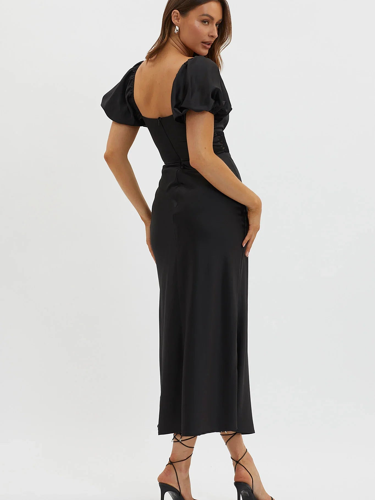 Allianna Puff Sleeve Lace Waist Midi Dress Black 2