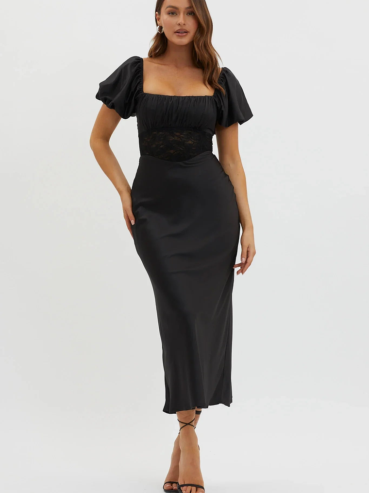 Allianna Puff Sleeve Lace Waist Midi Dress Black 3