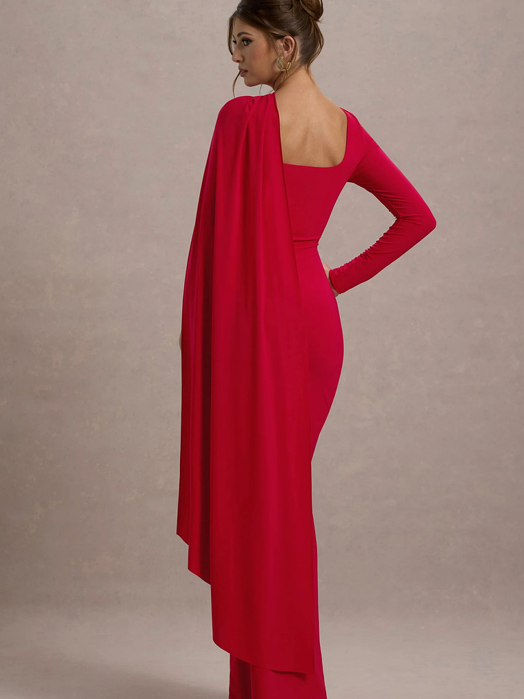 Ashini | Red One-Sleeve Maxi Dress With Cape 2
