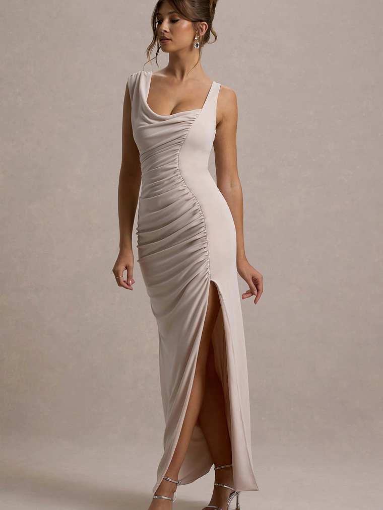 Analissa | Champagne Asymmetric Draped Maxi Dress With Split 4