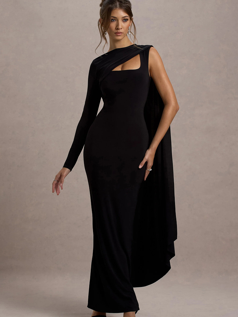 Ashini | Black One-Sleeve Maxi Dress With Cape 4
