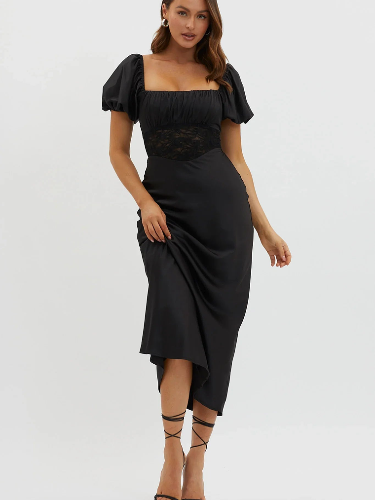 Allianna Puff Sleeve Lace Waist Midi Dress Black 5