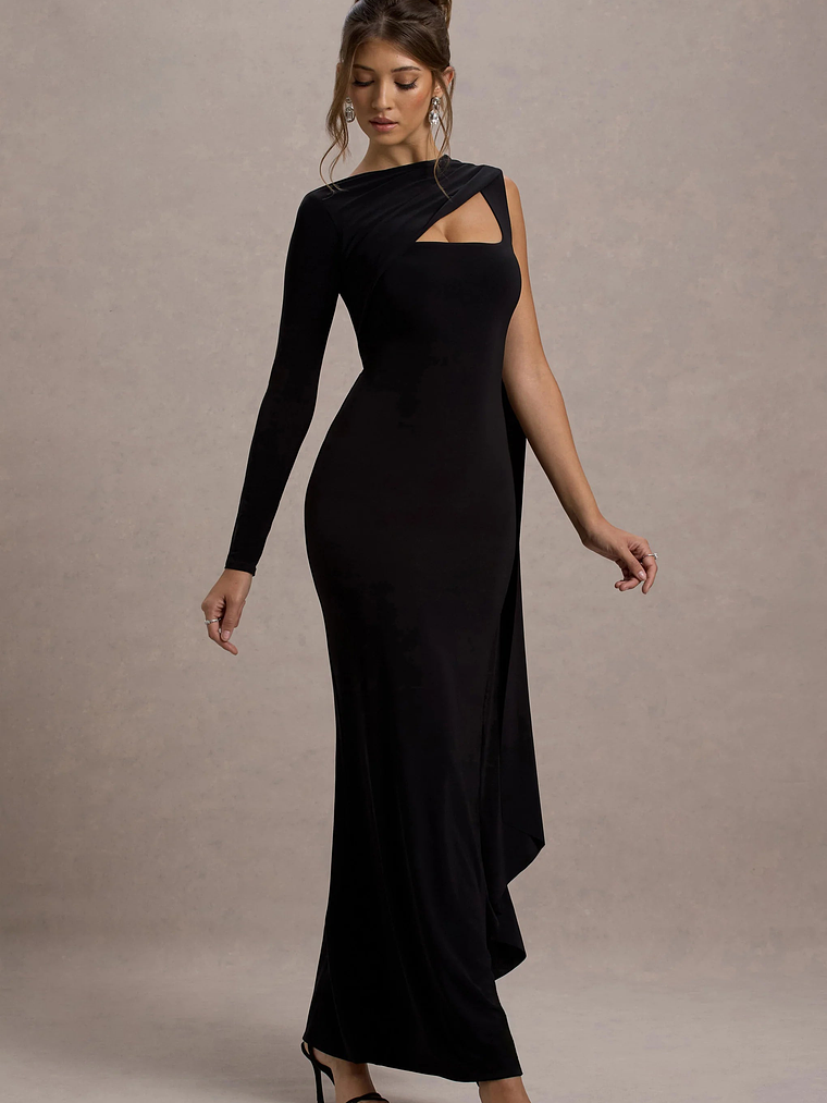 Ashini | Black One-Sleeve Maxi Dress With Cape 5