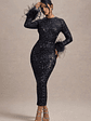 Analina | Navy Sequin Long-Sleeved Midi Dress With Feather Cuffs - thumbnail 6