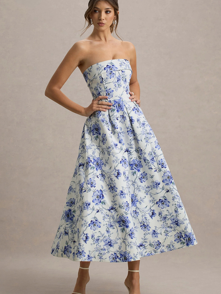 Annalise | Blue Porcelain Print Bandeau Skater Midi Dress 1