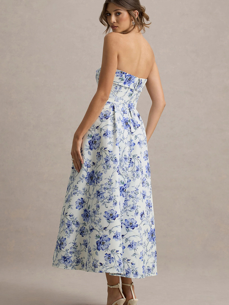 Annalise | Blue Porcelain Print Bandeau Skater Midi Dress 2