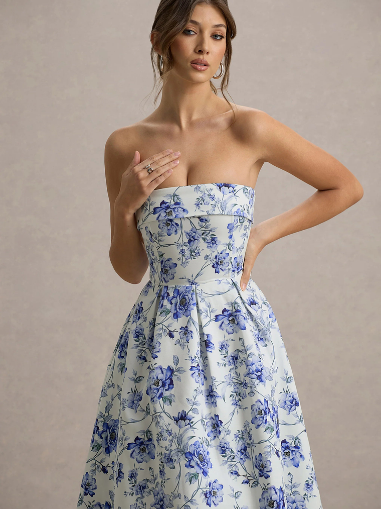 Annalise | Blue Porcelain Print Bandeau Skater Midi Dress 3