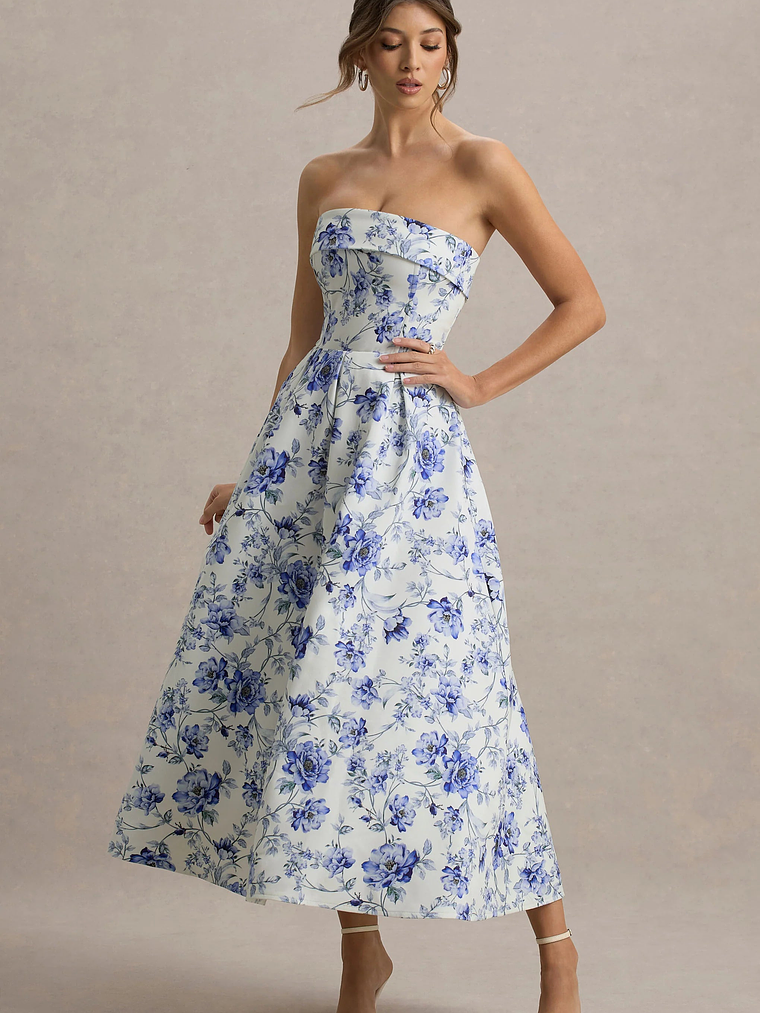 Annalise | Blue Porcelain Print Bandeau Skater Midi Dress 4
