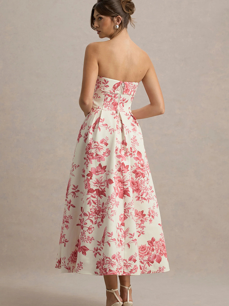 Annalise | Pink Porcelain Print Bandeau Skater Midi Dress 2