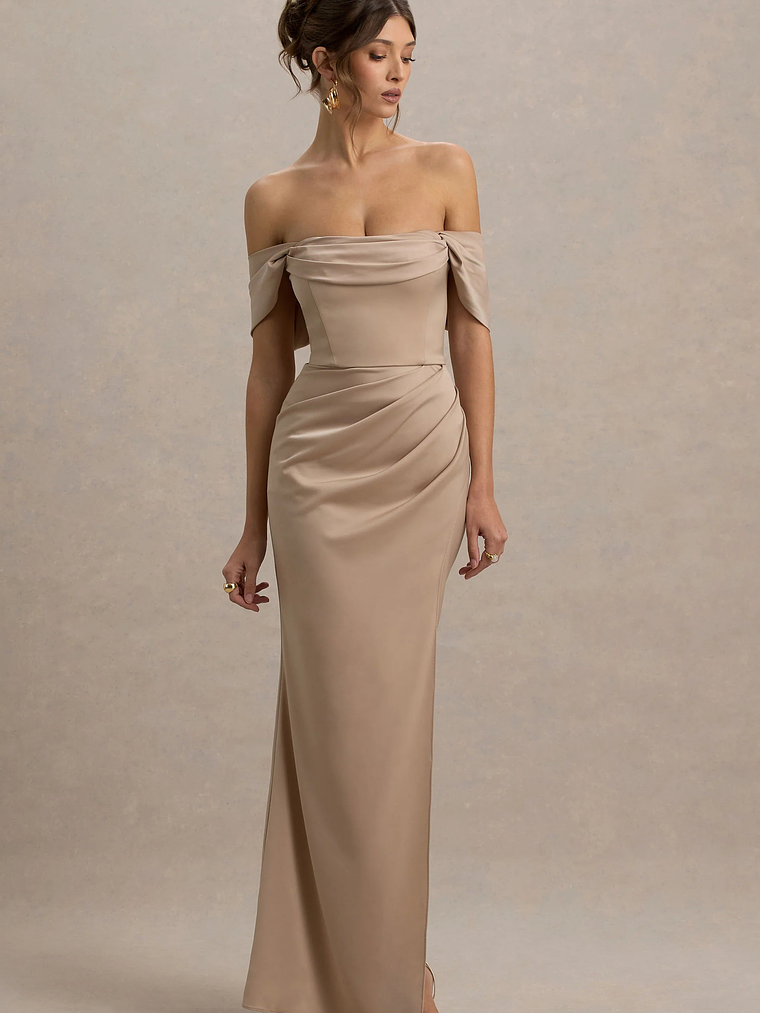 Annie | Champagne Satin Bardot Maxi Dress With Split Wrap Skirt 1