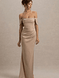 Annie | Champagne Satin Bardot Maxi Dress With Split Wrap Skirt - thumbnail 1