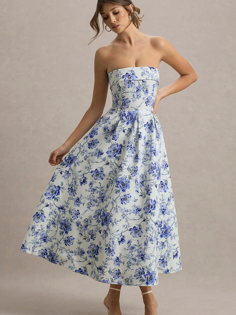 Annalise | Blue Porcelain Print Bandeau Skater Midi Dress 5