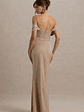 Annie | Champagne Satin Bardot Maxi Dress With Split Wrap Skirt - thumbnail 2