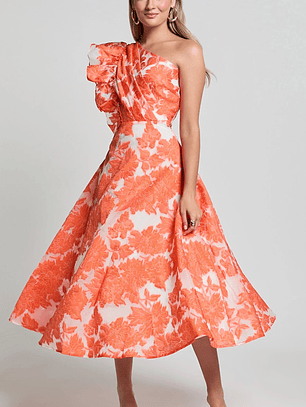 Alfreda Midi Dress One Shoulder Ruffle Detail Brailey Jacquard Dress in Orange