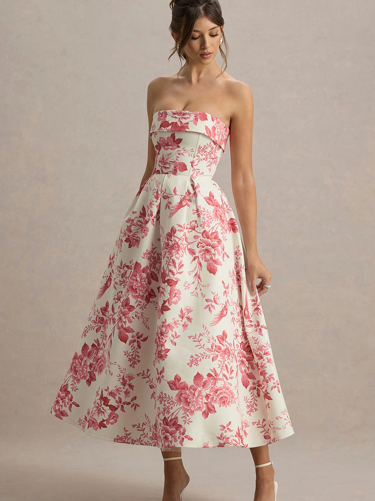 Annalise | Pink Porcelain Print Bandeau Skater Midi Dress 4