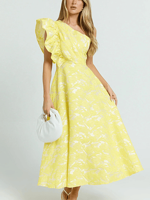 Alfreda Midi Dress One Shoulder Ruffle Detail Brailey Jacquard Dress in Yellow