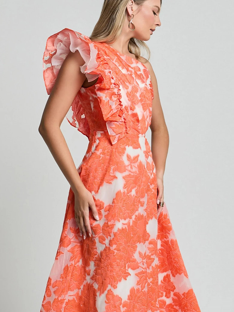 Alfreda Midi Dress One Shoulder Ruffle Detail Brailey Jacquard Dress in Orange 2