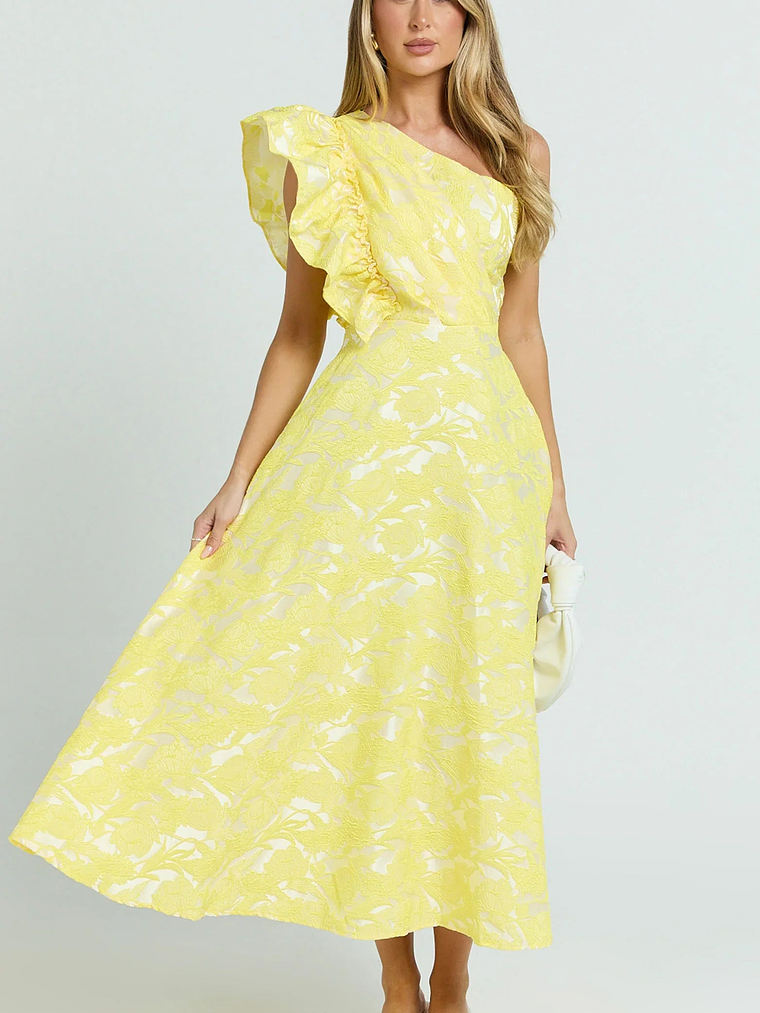 Alfreda Midi Dress One Shoulder Ruffle Detail Brailey Jacquard Dress in Yellow 2