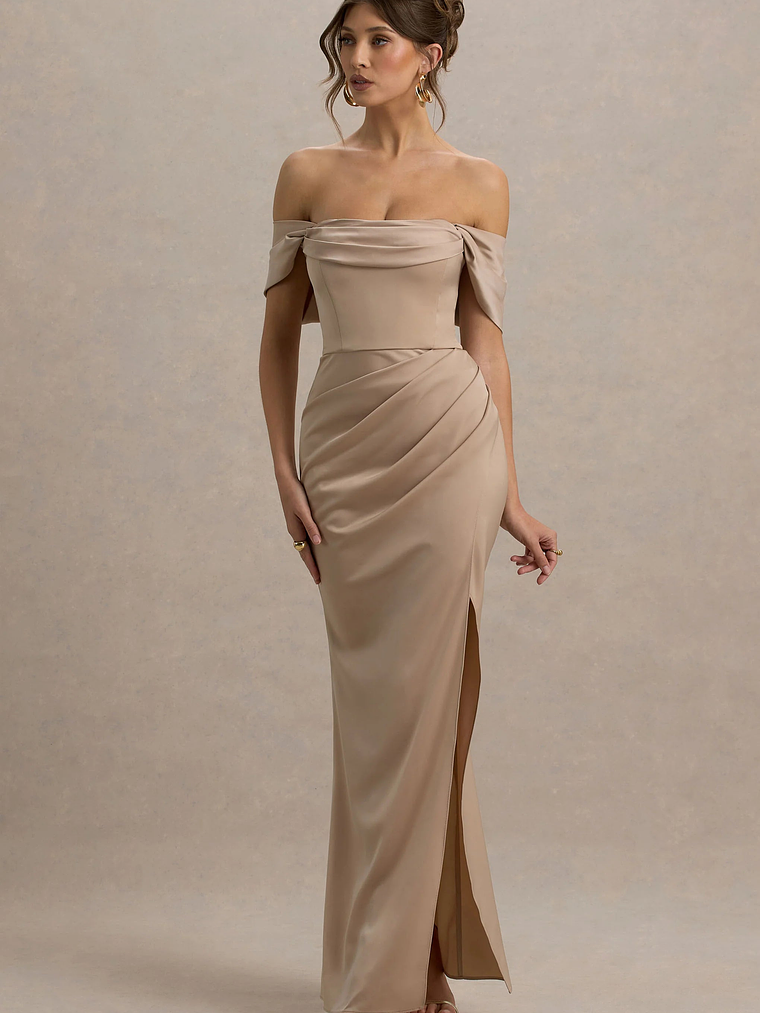 Annie | Champagne Satin Bardot Maxi Dress With Split Wrap Skirt 4