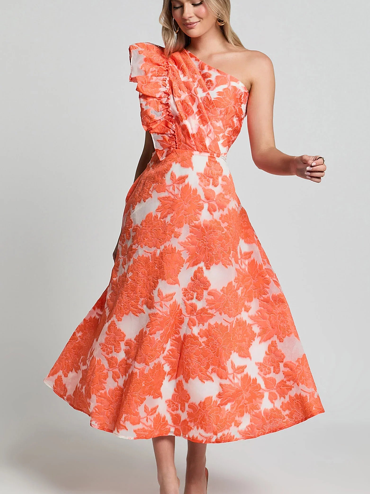Alfreda Midi Dress One Shoulder Ruffle Detail Brailey Jacquard Dress in Orange 3