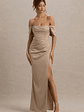 Annie | Champagne Satin Bardot Maxi Dress With Split Wrap Skirt - thumbnail 5