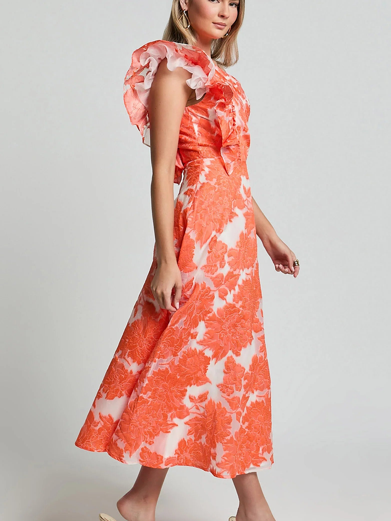 Alfreda Midi Dress One Shoulder Ruffle Detail Brailey Jacquard Dress in Orange 4