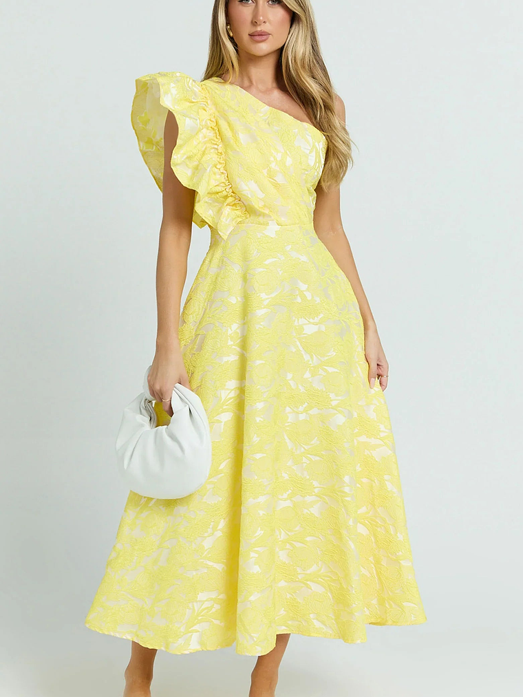 Alfreda Midi Dress One Shoulder Ruffle Detail Brailey Jacquard Dress in Yellow 6