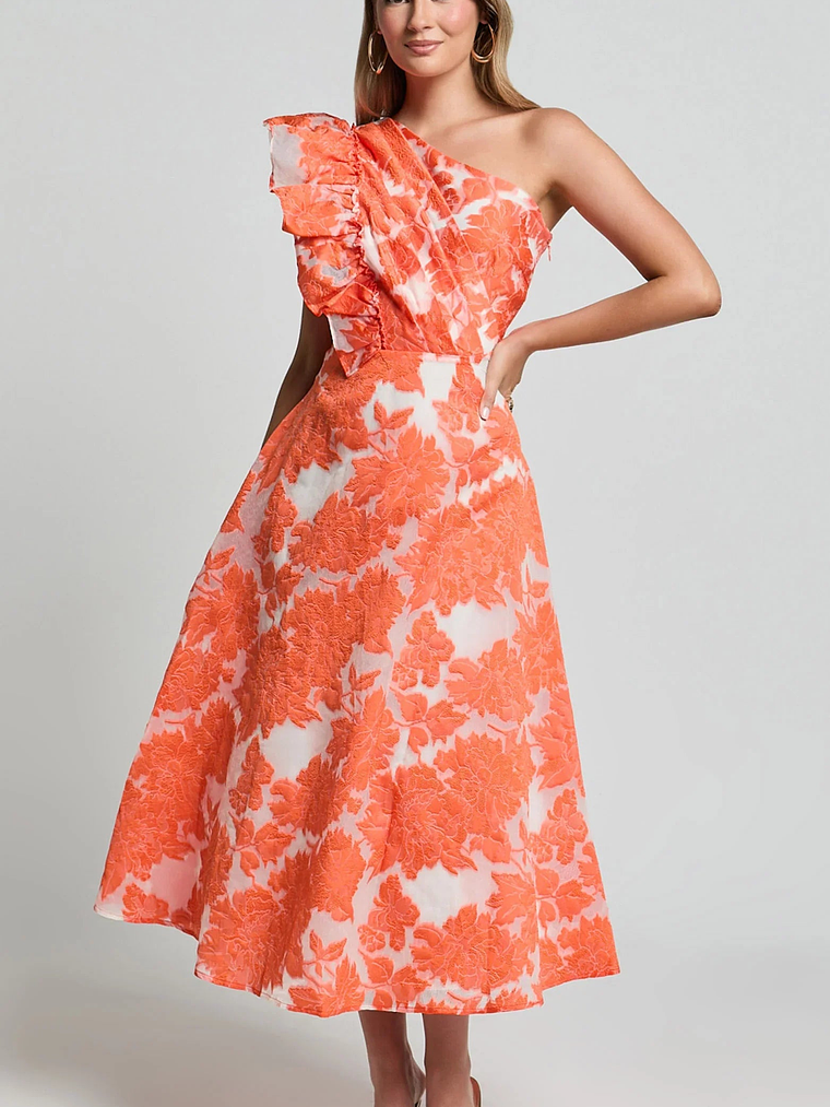 Alfreda Midi Dress One Shoulder Ruffle Detail Brailey Jacquard Dress in Orange 6