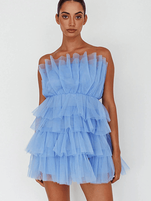 Bon Bon Tiered Mesh Mini Dress Steel Blue