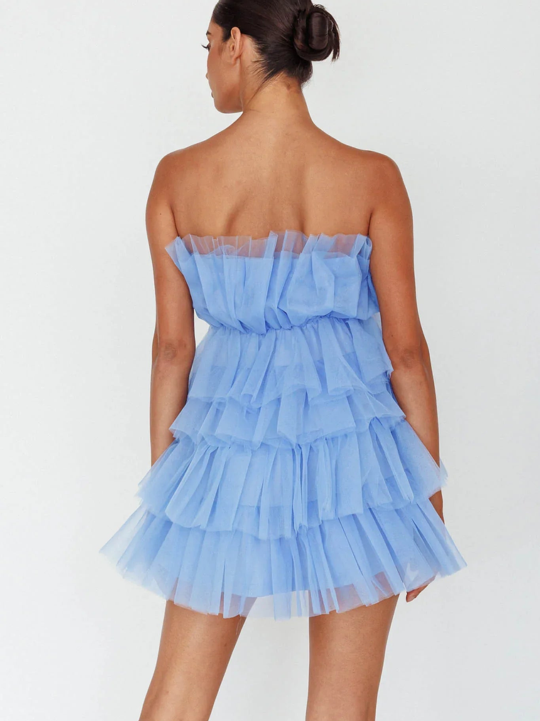 Bon Bon Tiered Mesh Mini Dress Steel Blue 2