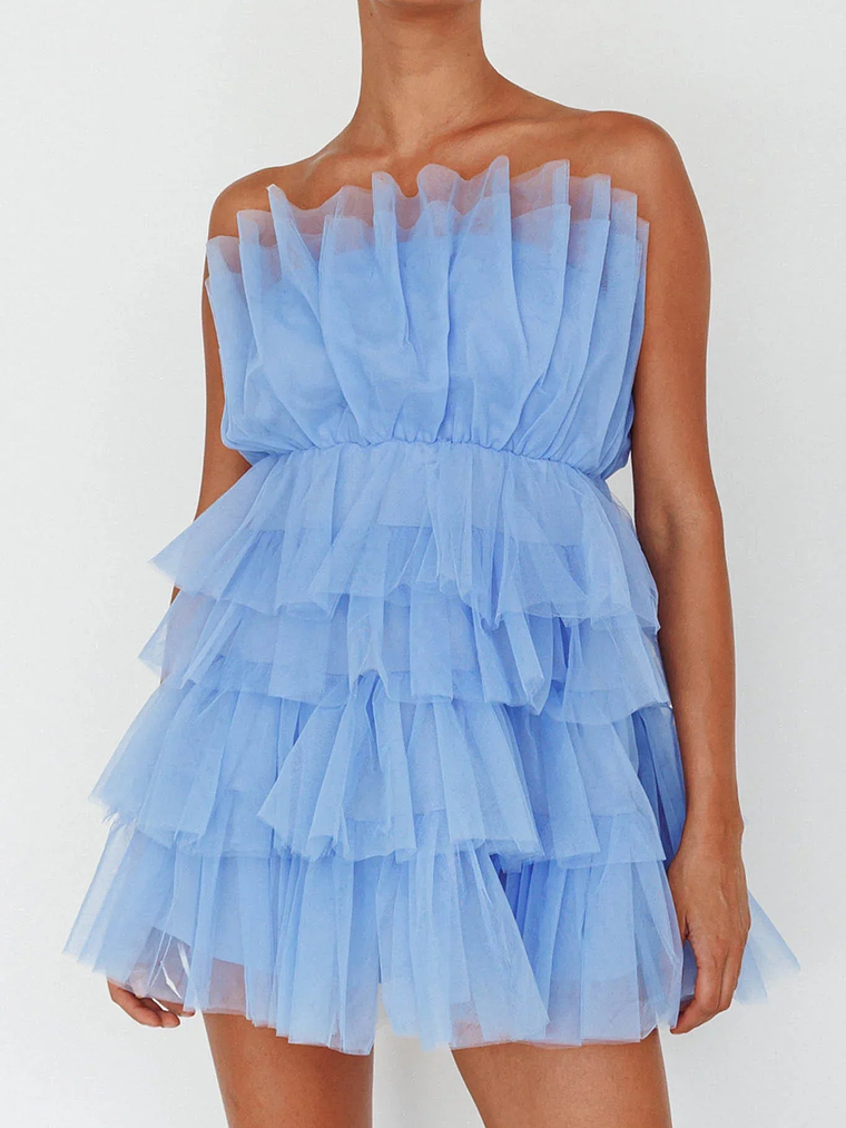 Bon Bon Tiered Mesh Mini Dress Steel Blue 4