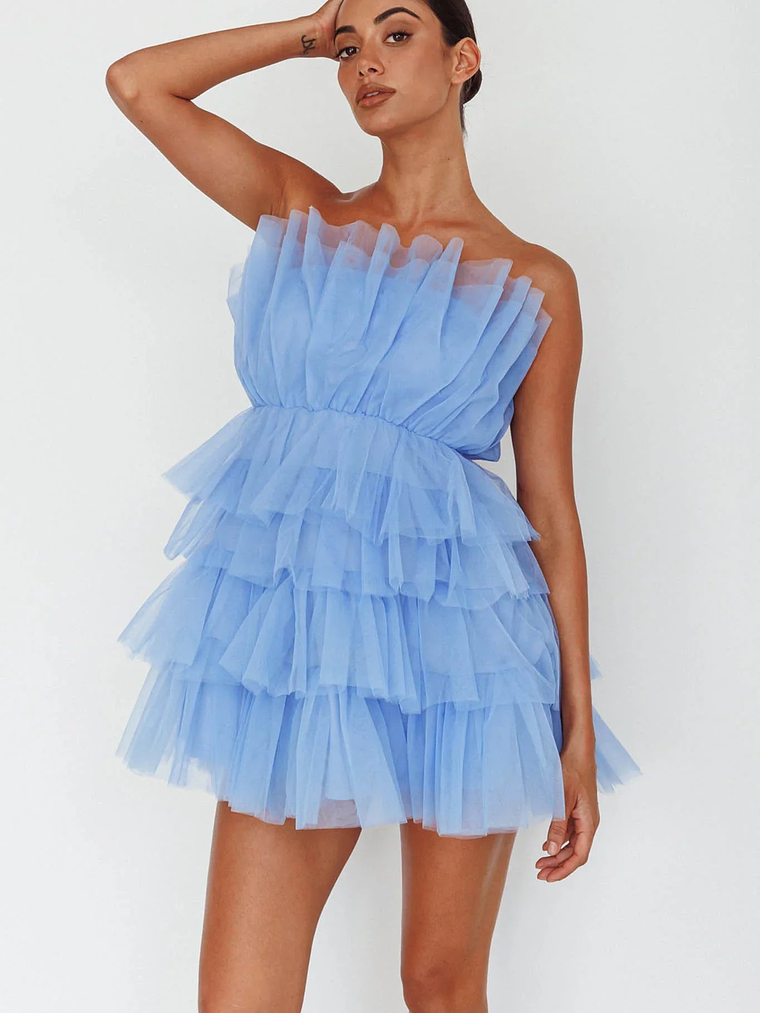 Bon Bon Tiered Mesh Mini Dress Steel Blue 6