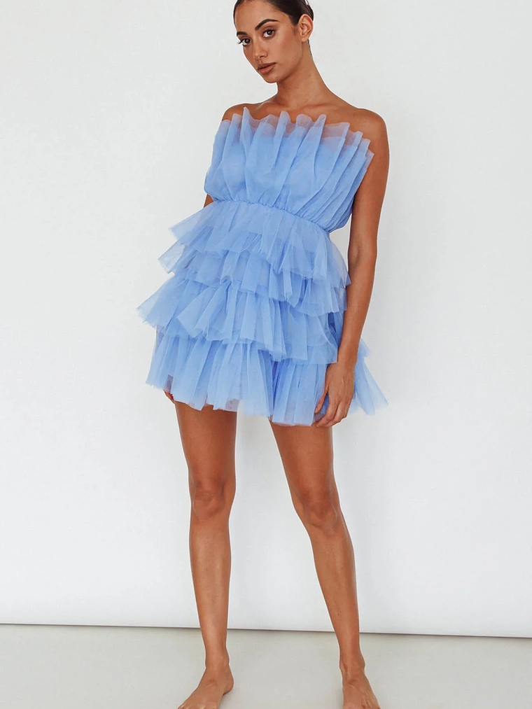 Bon Bon Tiered Mesh Mini Dress Steel Blue 7