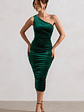 Back For More | Bottle Green Velvet One Shoulder Ruched Midi Dress - thumbnail 1