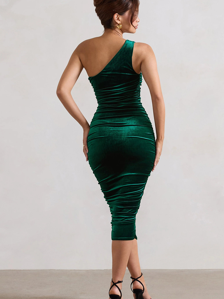 Back For More | Bottle Green Velvet One Shoulder Ruched Midi Dress 2