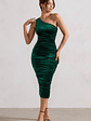 Back For More | Bottle Green Velvet One Shoulder Ruched Midi Dress - thumbnail 4