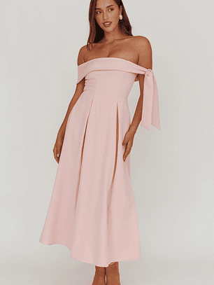 Aurora Sky Off-Shoulder Box Pleat Midi Dress Pink