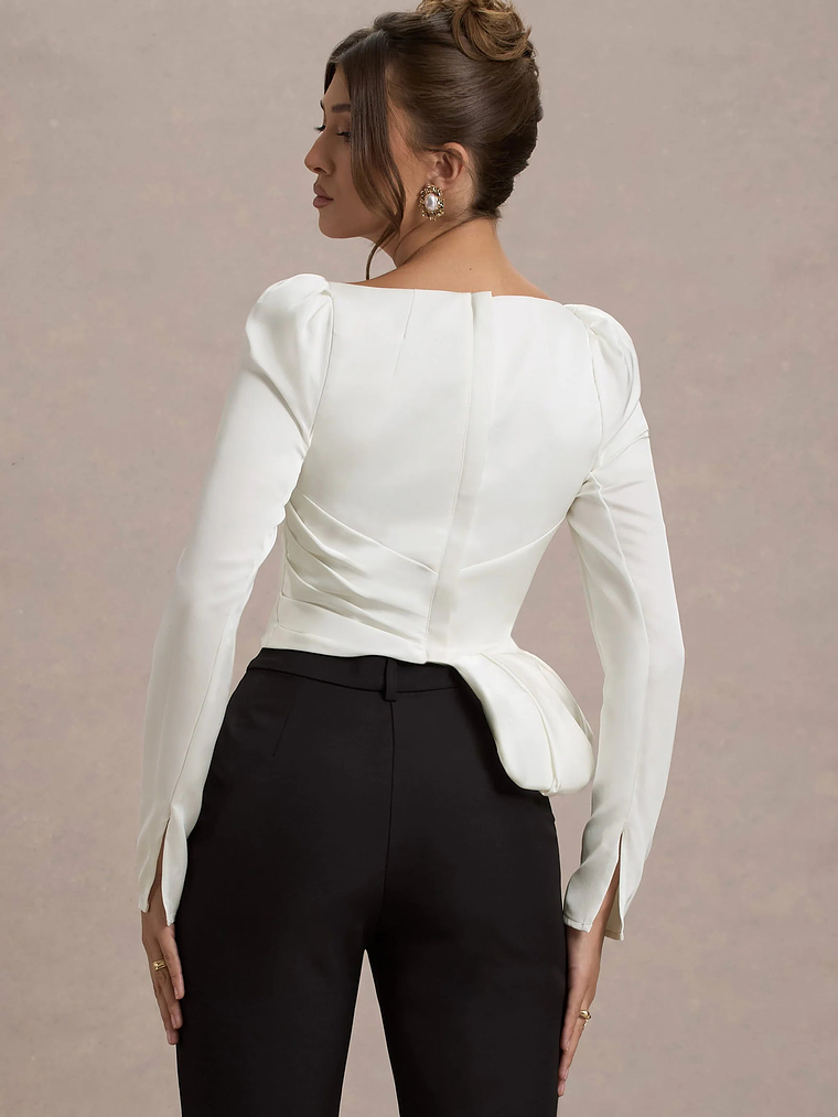 Bensley | Ecru Satin Asymmetric Plunge-Neck Top With Ruffle 2