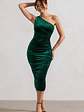Back For More | Bottle Green Velvet One Shoulder Ruched Midi Dress - thumbnail 5