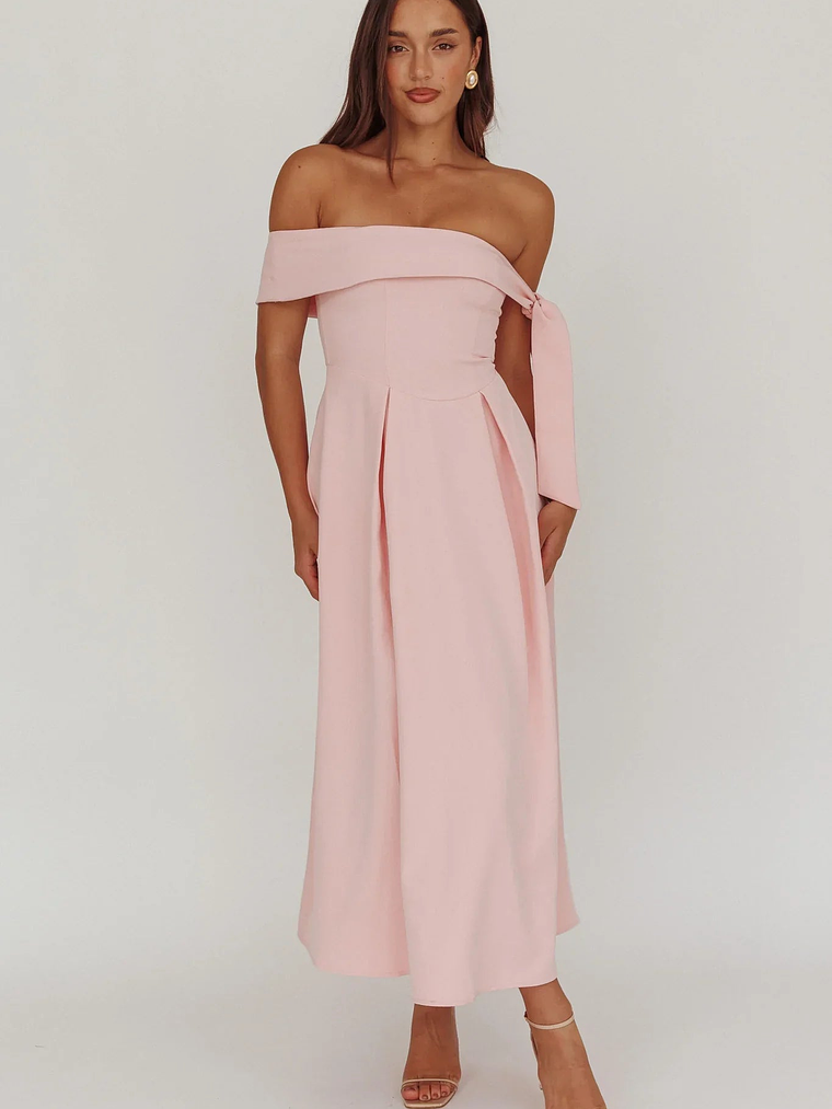 Aurora Sky Off-Shoulder Box Pleat Midi Dress Pink 4
