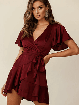 Cami Angel Sleeve Faux Wrap Dress Wine