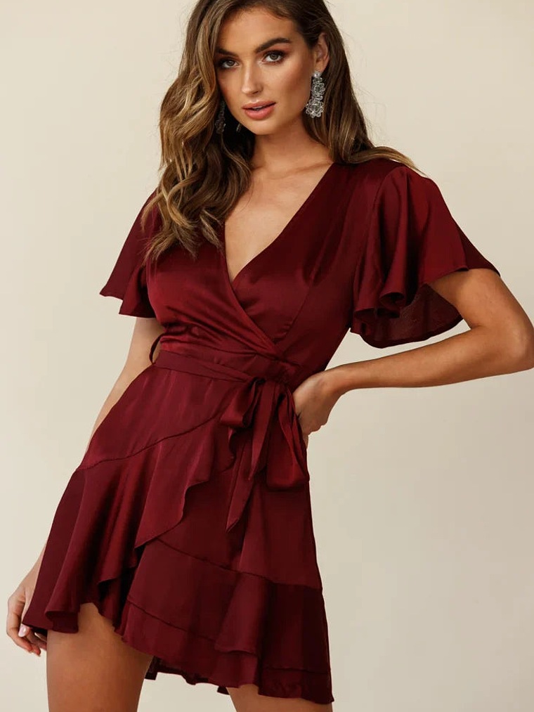 Cami Angel Sleeve Faux Wrap Dress Wine 1