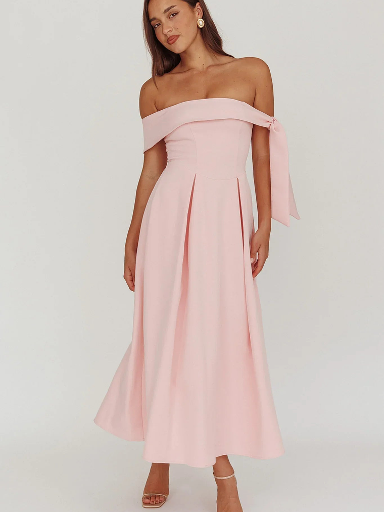 Aurora Sky Off-Shoulder Box Pleat Midi Dress Pink 5