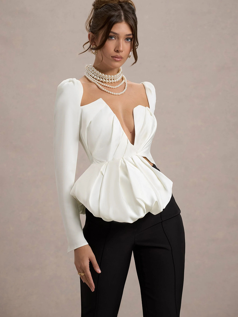 Bensley | Ecru Satin Asymmetric Plunge-Neck Top With Ruffle 4