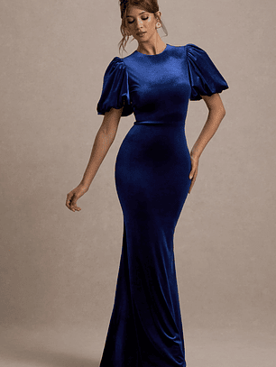Ashlin | Navy Velvet Puff-Sleeve Maxi Dress